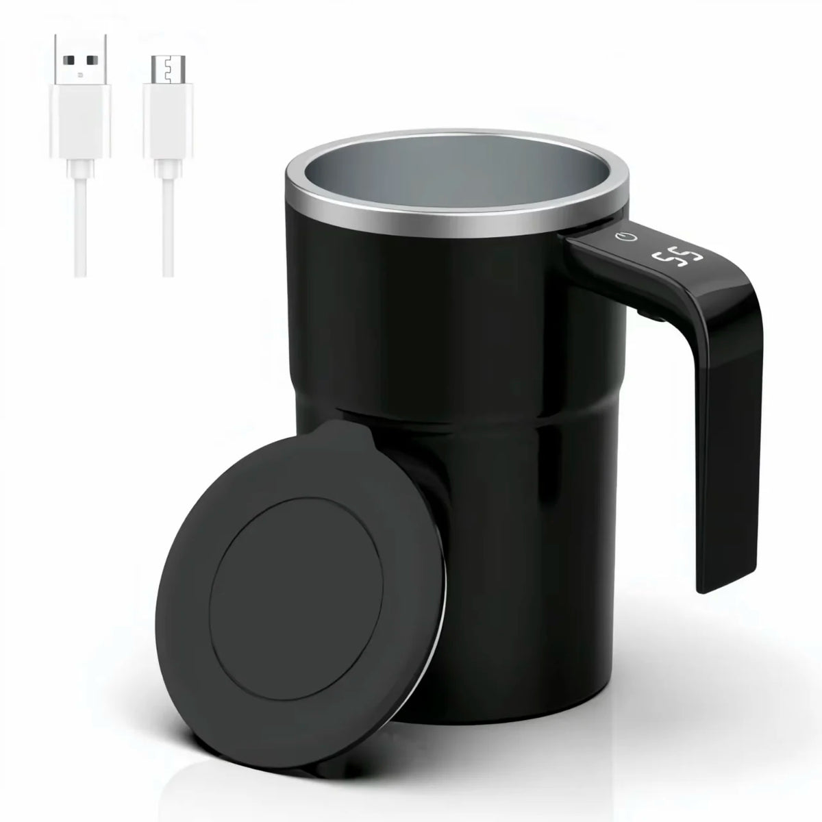 A black electric self-stirring coffee mug with a silver lid and stirring mechanism.