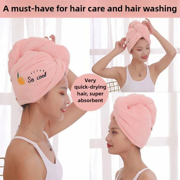 A woman wearing a pink absorbent hair towel wrapped around her head, demonstrating its use for hair care.
