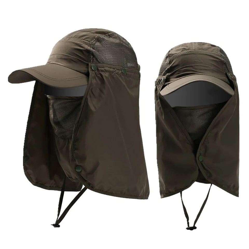 A pair of olive green UV protection fishing sun hats shown side by side.