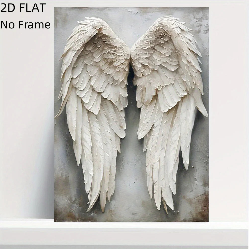 Art mural en toile plate 2D avec des ailes d'ange blanches réalistes sur fond gris doux.