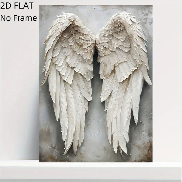 2D flat canvas wall art featuring realistic white angel wings against a muted gray background.