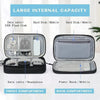 A portable multi-use storage organizer pouch showing front and back compartments for data cables, headphones, and power banks
