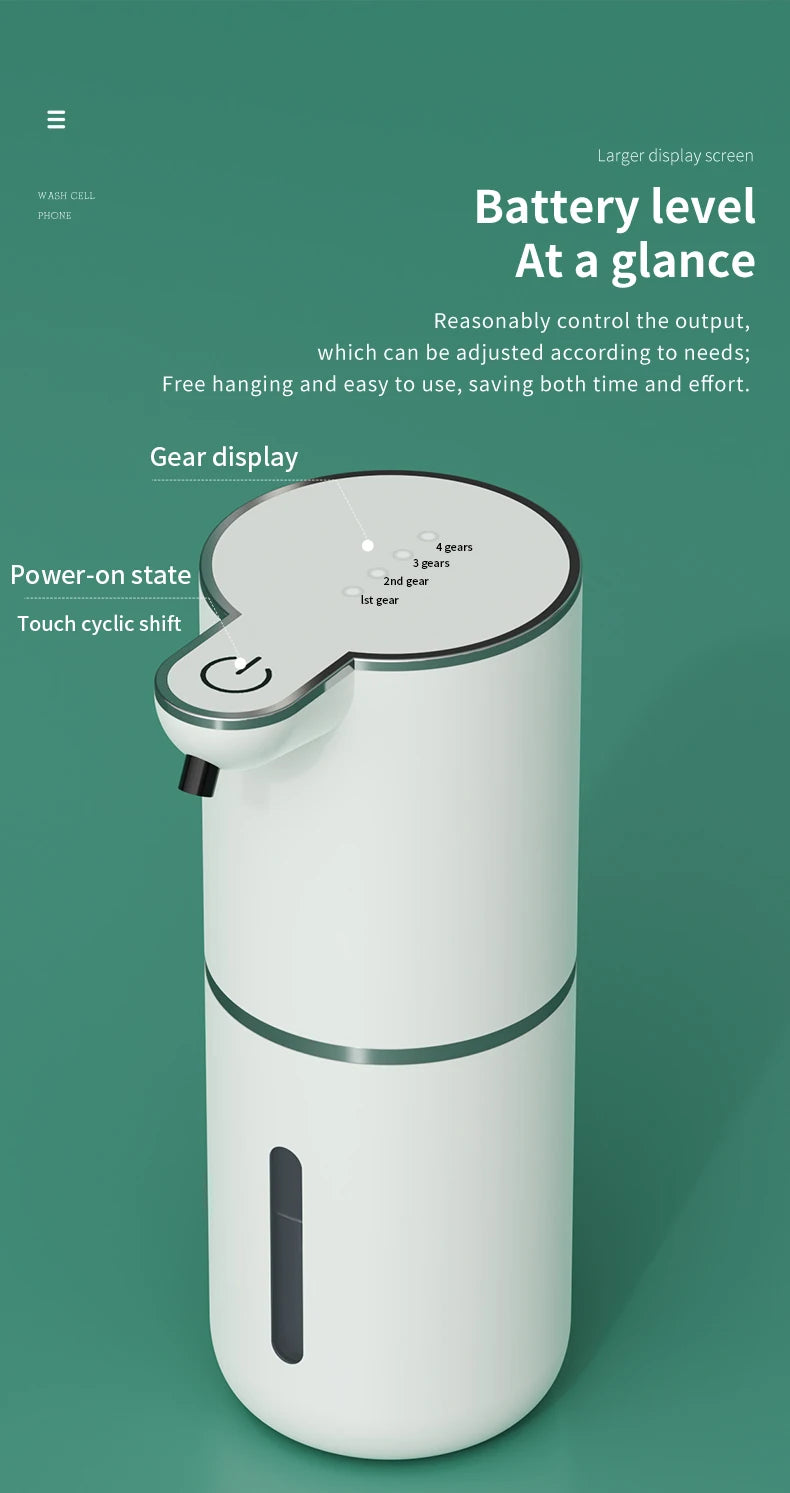 Dispensador de jabón blanco recargable automático con tapa transparente y ajustes de engranajes.