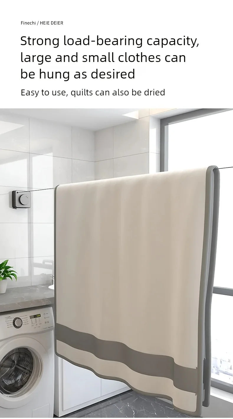 A beige retractable wire clothesline is shown hanging in a modern bathroom or laundry area.