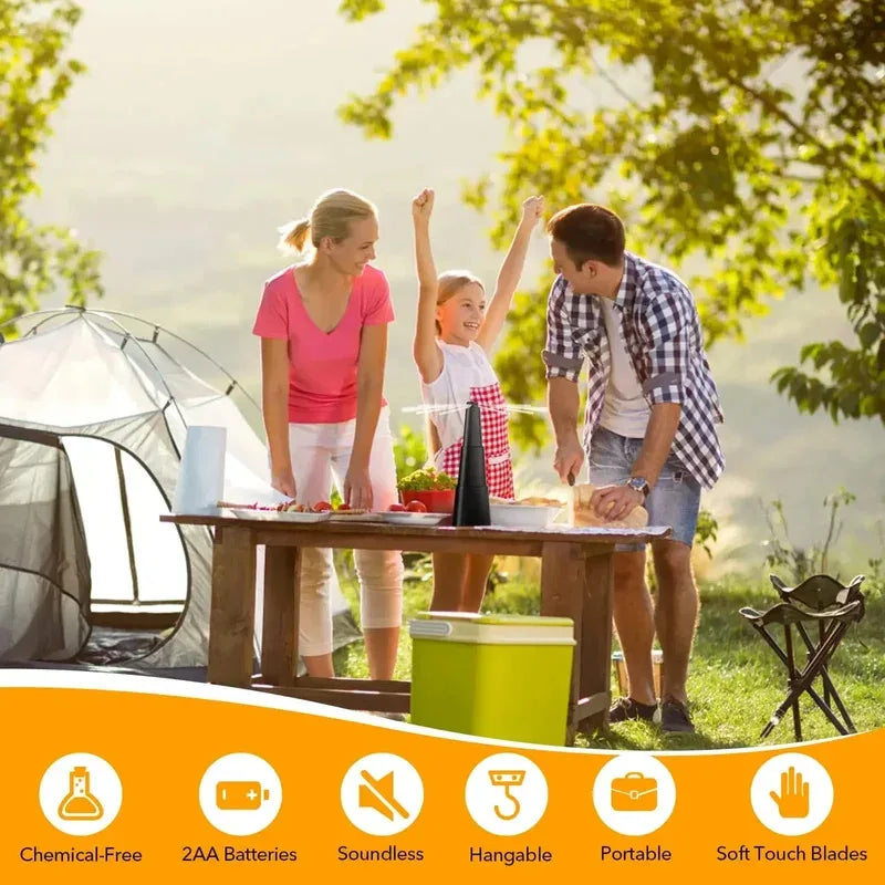 A family enjoying an outdoor picnic with a multi-functional fly repellent fan and various accessories.