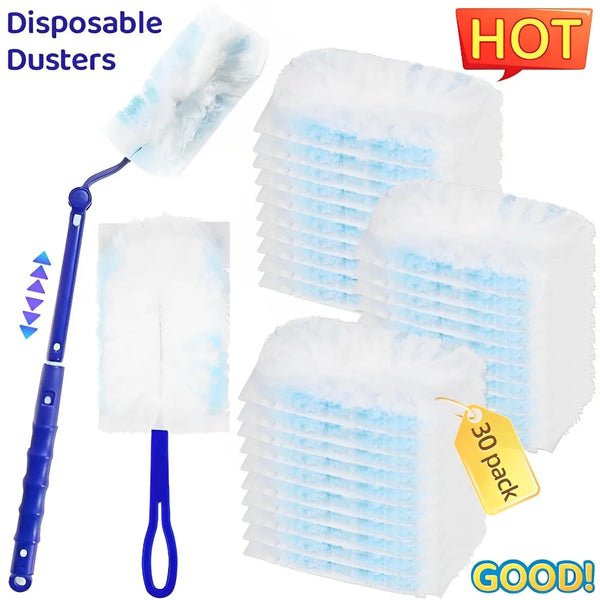 A set of white and blue disposable electrostatic duster refills shown with a cleaning rod.