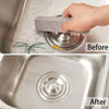 Before and after comparison showing a pumice stone used to remove a stain from a stainless steel sink