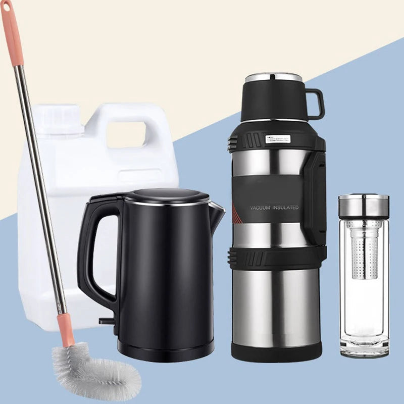 A set of bucket cleaning tools including a brush, a stainless steel pitcher, and a vacuum insulated water dispenser.