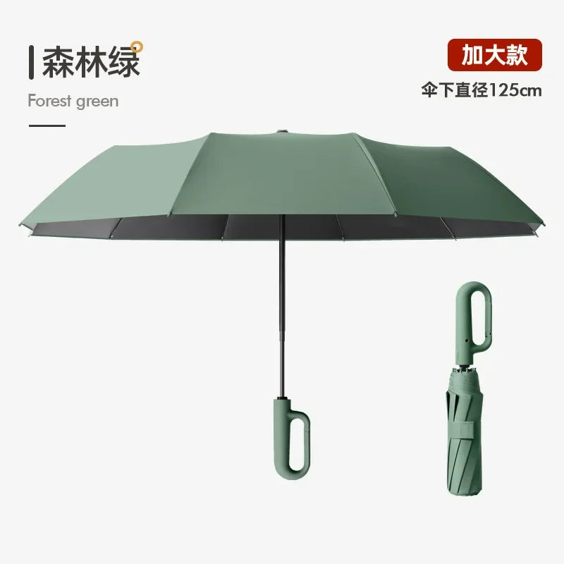 A dark green automatic folding umbrella with a reinforced shaft and canopy.