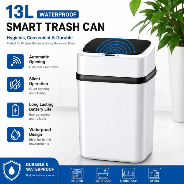 A white waterproof smart trash can with a black lid and sensor features is shown on a white surface.