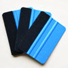 A set of three black suede felt squeegees with blue plastic handles for vinyl wrap and film installation.