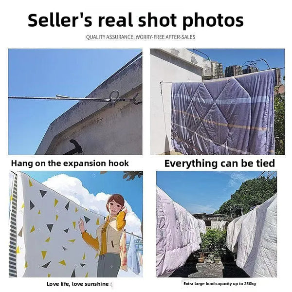 Photos showing a heavy-duty stainless steel clothesline being used for laundry and other items.