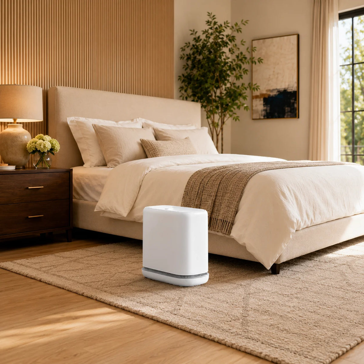 A white slim hands-free trash can with a one-press lid sits on a light beige rug in a modern bedroom setting.