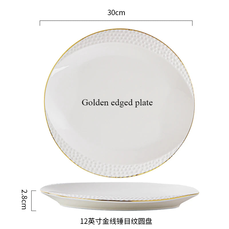 Golden edged plate with a 30cm diameter and a 2.8cm depth, described as a 12-piece gold-edged plate set.