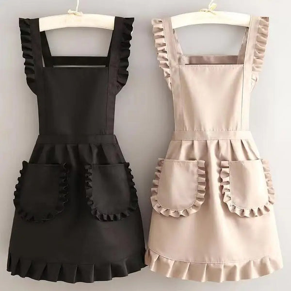A black Korean-style cotton kitchen apron with ruffled details hanging on a wooden hanger.