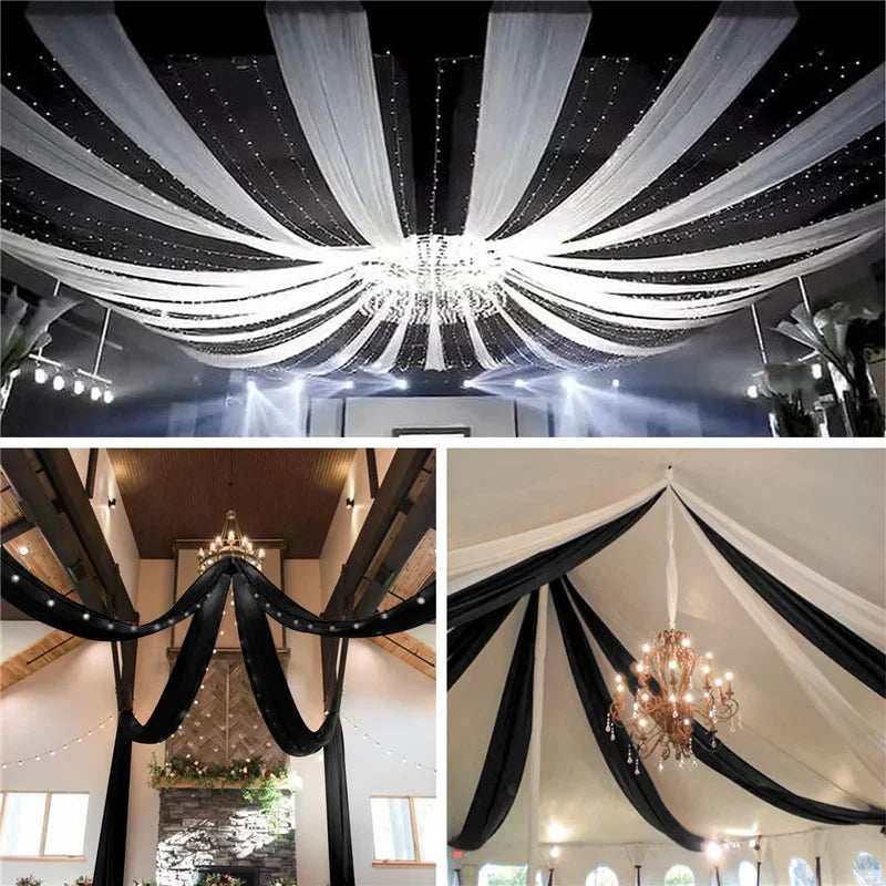 Elegant black sheer chiffon fabric draping creating a flowing ceiling canopy for an event.