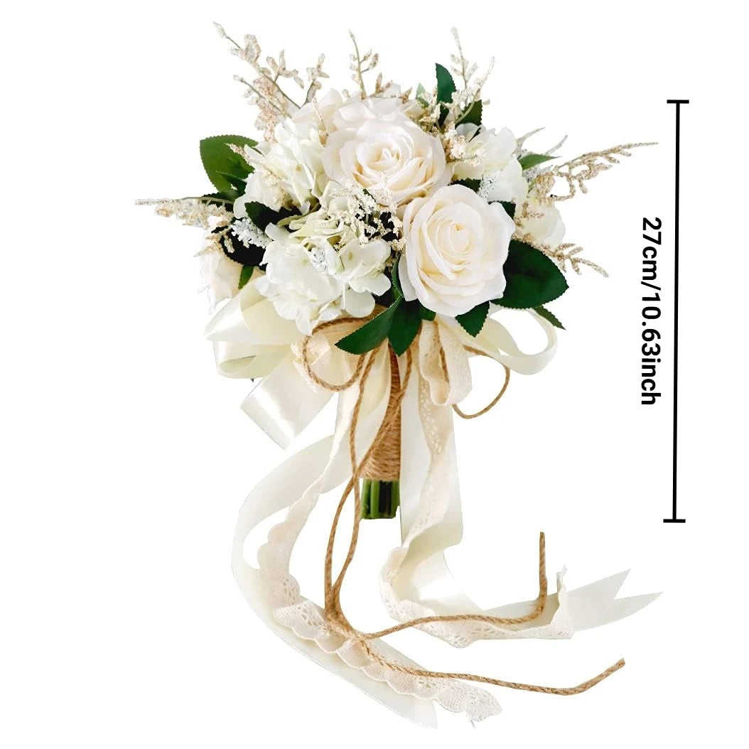 Elegant artificial rose wedding bouquet featuring white roses and greenery tied with a sheer ribbon