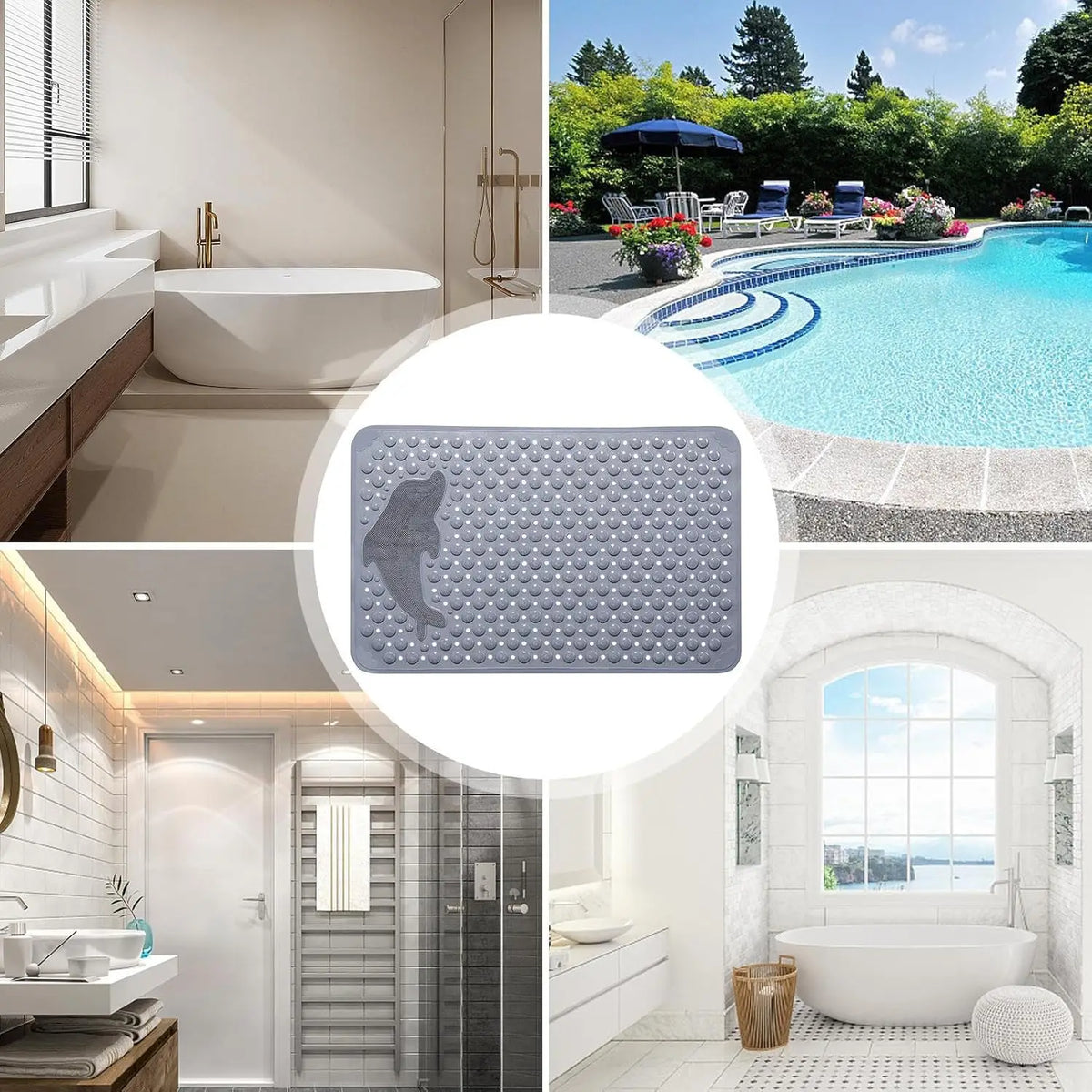 A rectangular, non-slip bath mat with a dolphin design is shown in a bathroom setting.