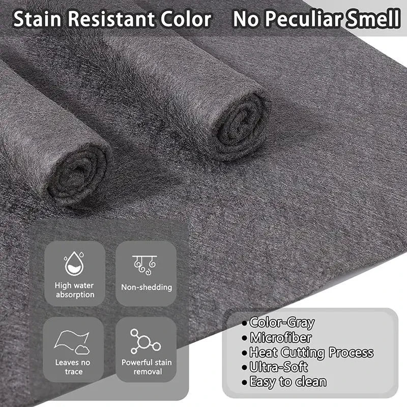 Gray stain resistant microfiber glass cleaning cloths showing features like high water absorption and non-shedding