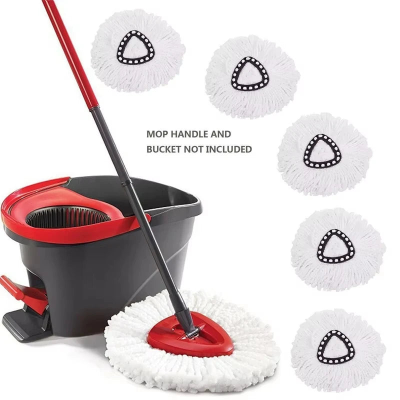A set of white triangular microfiber mop head replacement pads and a black mop handle are shown.