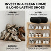 Before and after comparison showing messy shoes and dirt versus organized, clean shoes in laundry bags