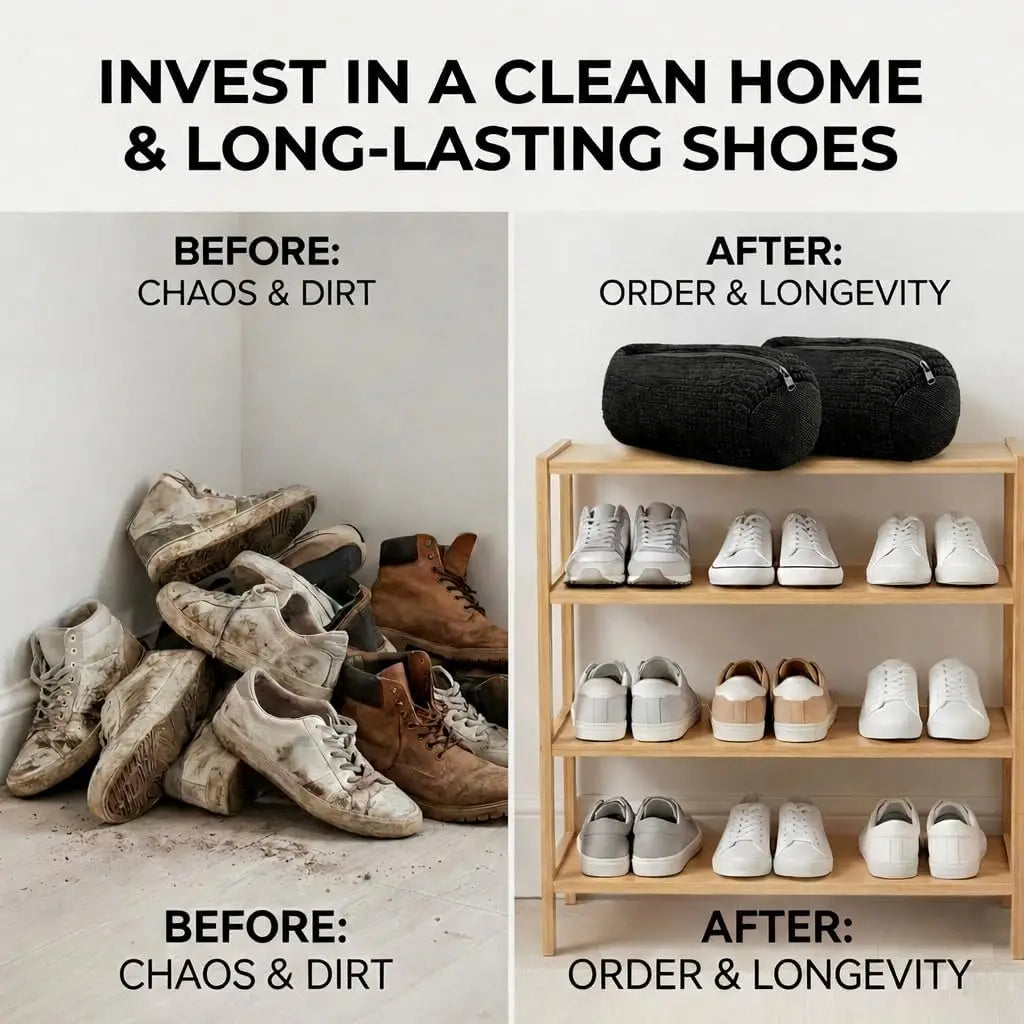 Before and after comparison showing messy shoes and dirt versus organized, clean shoes in laundry bags