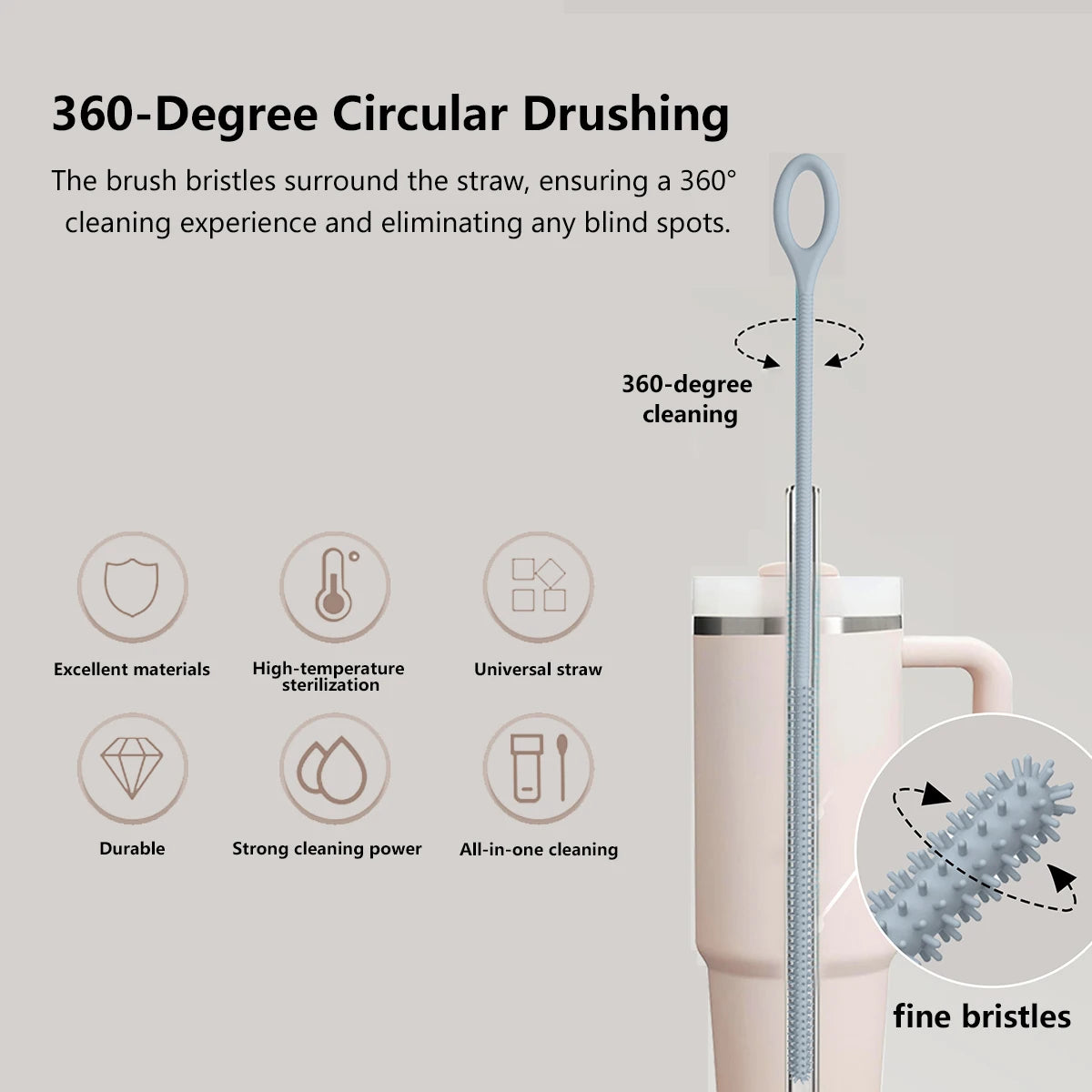 A pink reusable silicone straw cleaning brush with fine bristles shown next to various cleaning features.