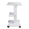 A white portable beauty trolley cart with a flat top and storage tray on a wheeled base.