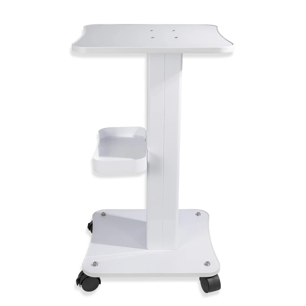 A white portable beauty trolley cart with a flat top and storage tray on a wheeled base.