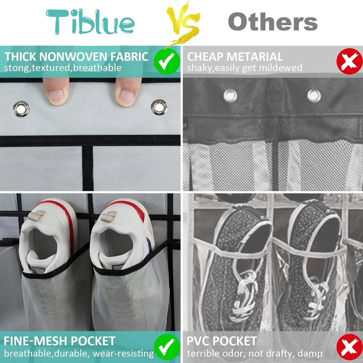 Vergleichstabelle von Tiblue vs. anderen für Schuhaufbewahrung, die Merkmale wie Stoff und Taschentypen hervorhebt.