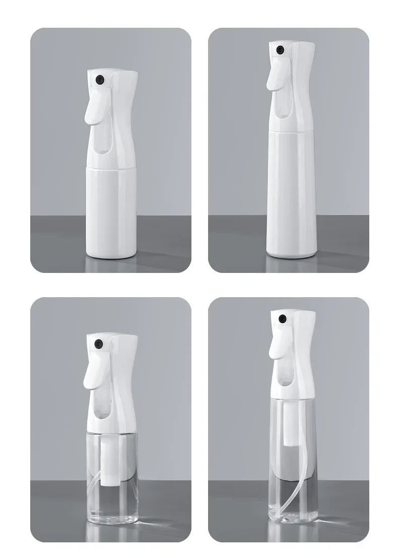 A white refillable continuous mist spray bottle for hair and beauty, shown in various angles.