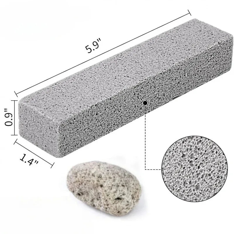 A rectangular block of gray natural pumice stone with dimensions 5.9 inches long and 0.9 inches high, shown next to a smaller