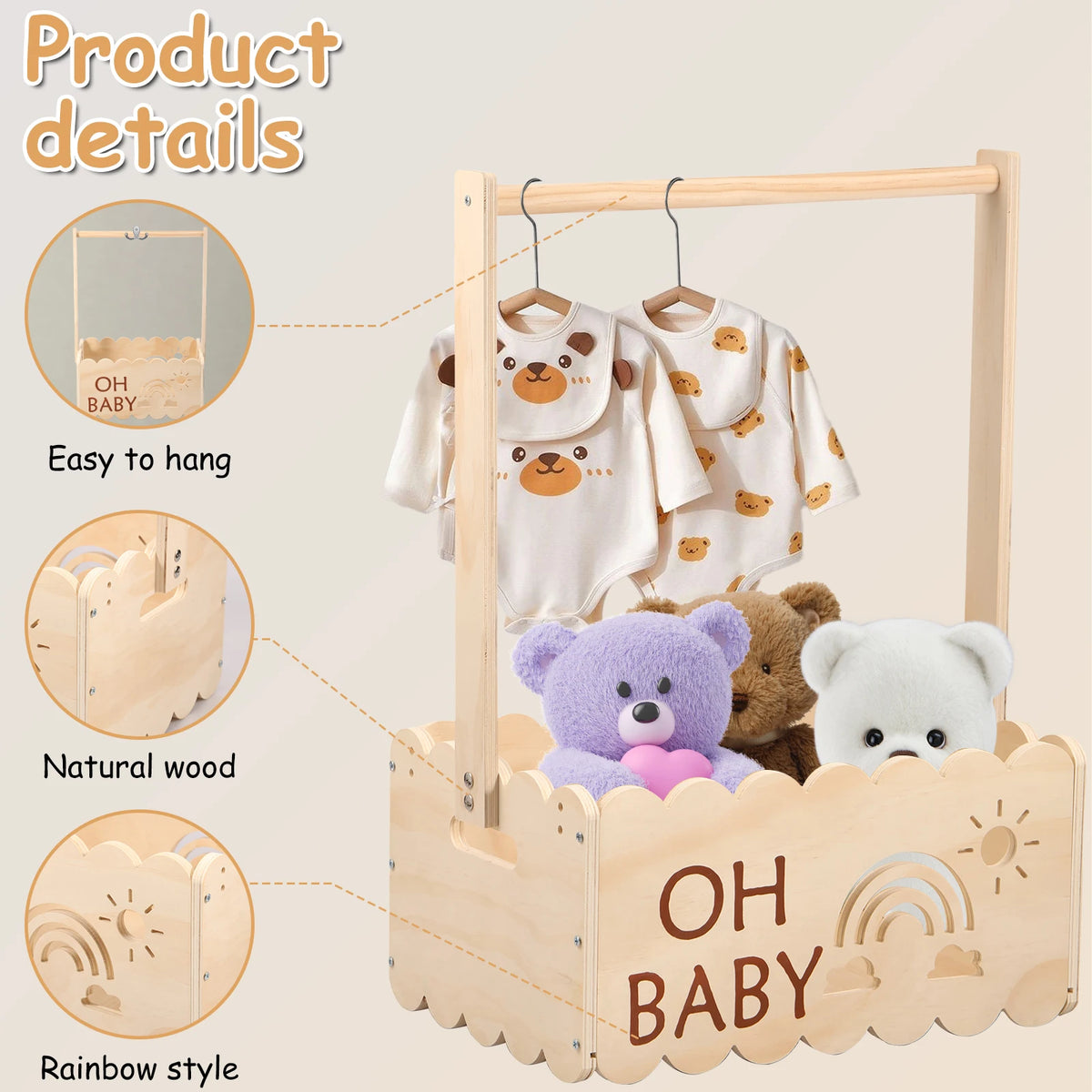 A wooden storage basket with a rainbow design holds baby clothes and is displayed on a wooden rack.