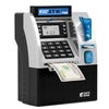 A silver and black ATM-style digital money box for kids with a cash slot and keypad.