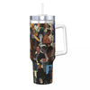A stainless steel travel tumbler mug featuring a collage of people and images.