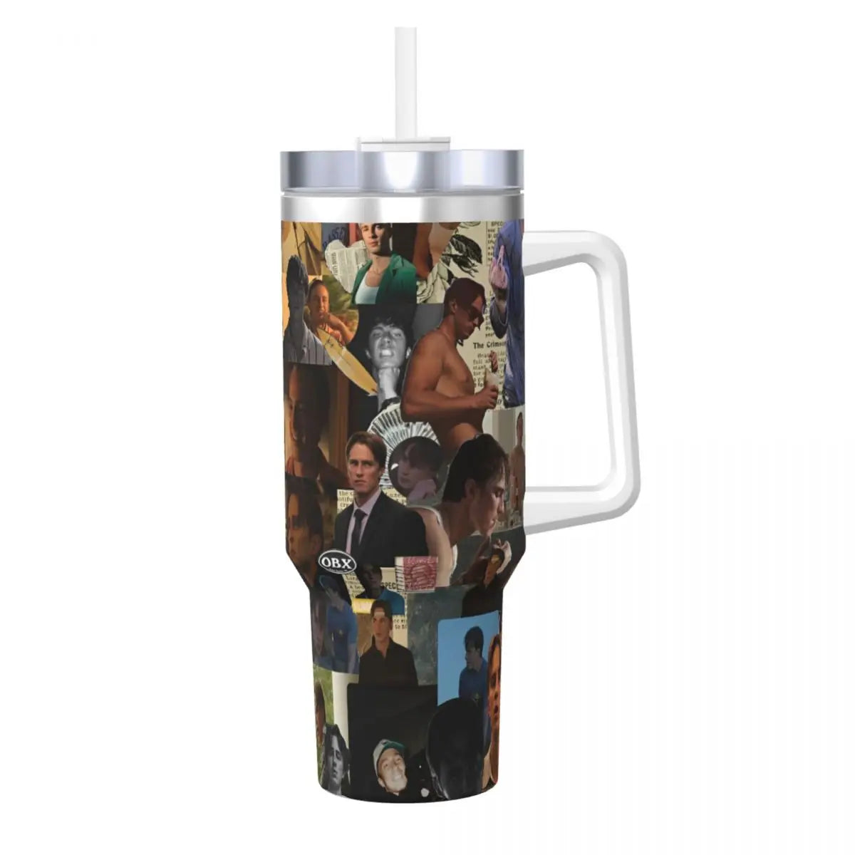 A stainless steel travel tumbler mug featuring a collage of people and images.
