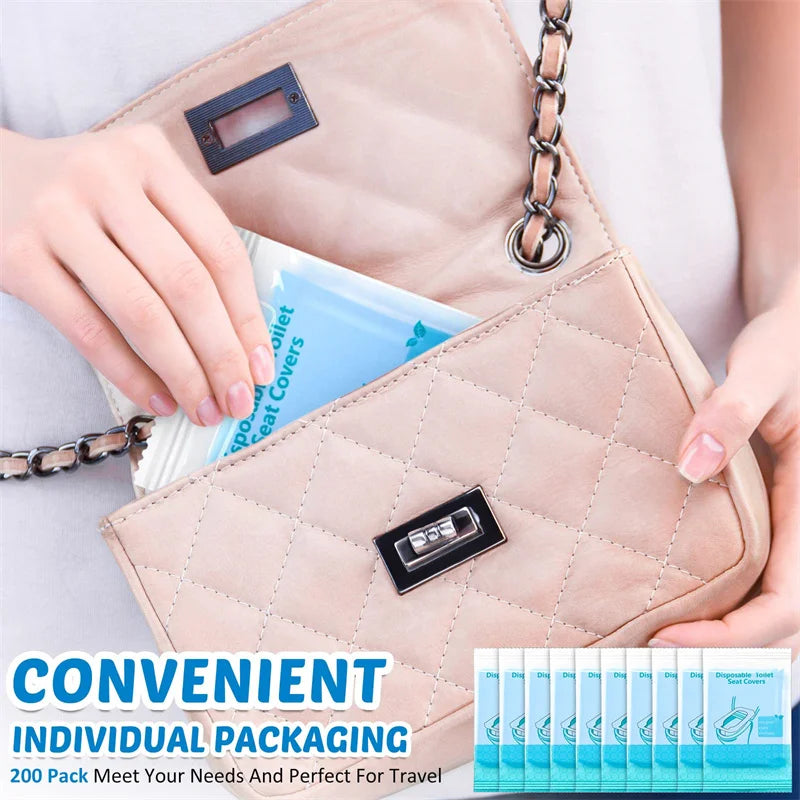 A light pink quilted pouch with a silver chain and a clear plastic package of disposable toilet seat covers.