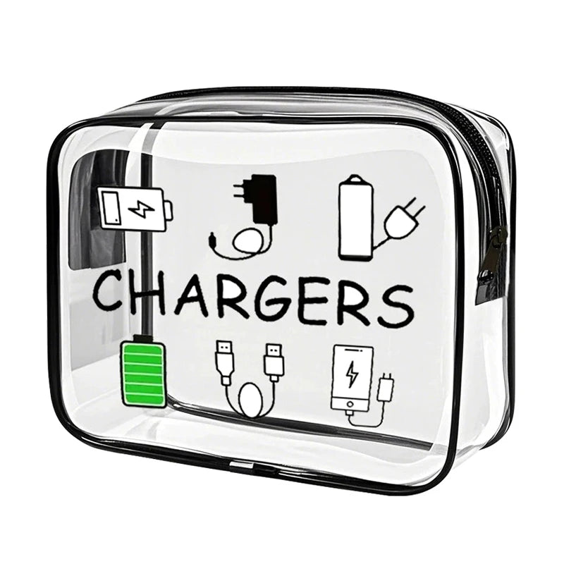 A clear plastic container labeled Chargers showing various charging cables and power sources.