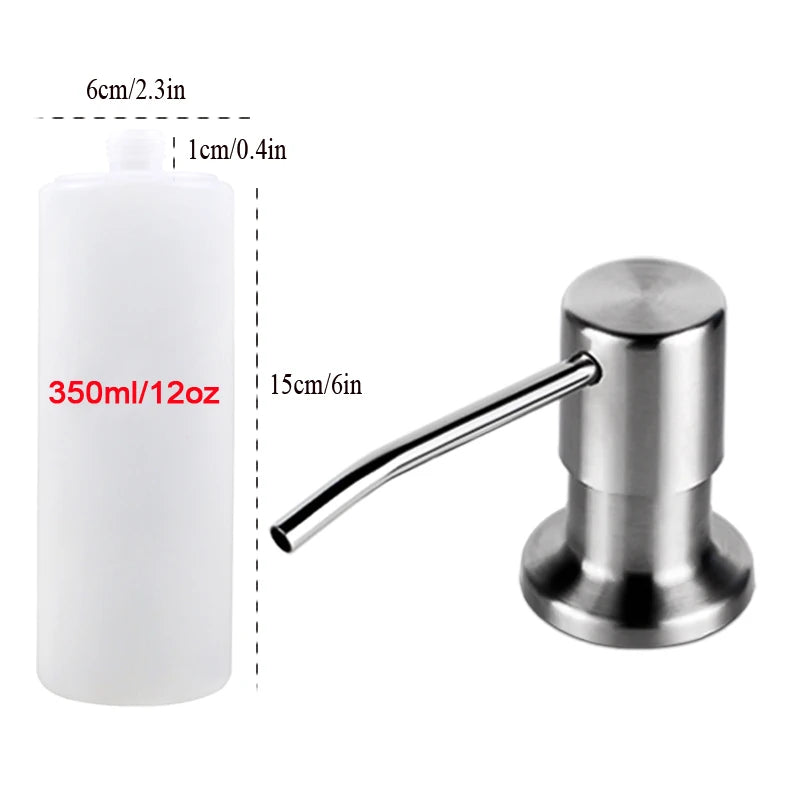 White plastic soap dispenser bottle with a silver metal pump mechanism and measuring lines.