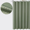 A vertical shower curtain in a muted sage green color with a fine vertical stripe pattern.
