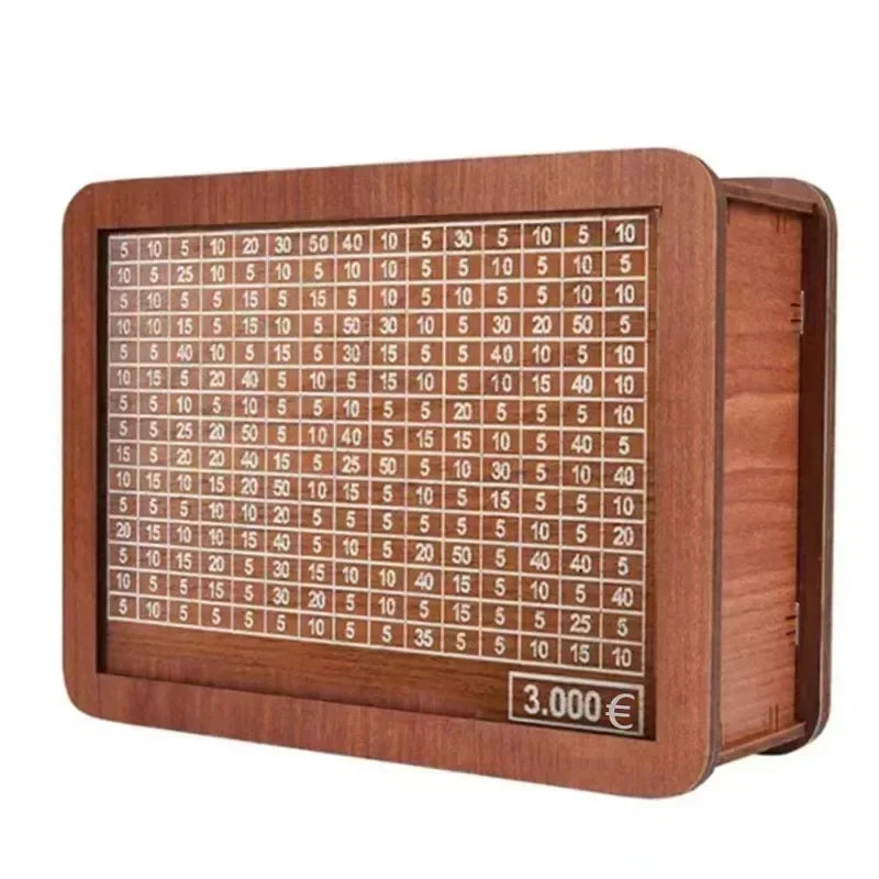 A wooden piggy bank with a grid of numbered slots for saving goals and a price tag.