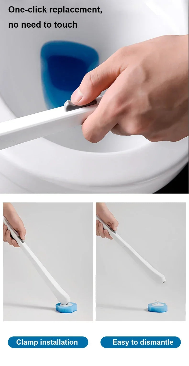 A hand is using a white cleaning brush to replace a toilet part, demonstrating one-click replacement and easy installation.