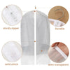 A pair of semi-transparent white hanging dust covers for clothes, featuring a sturdy zipper and solid stitch.