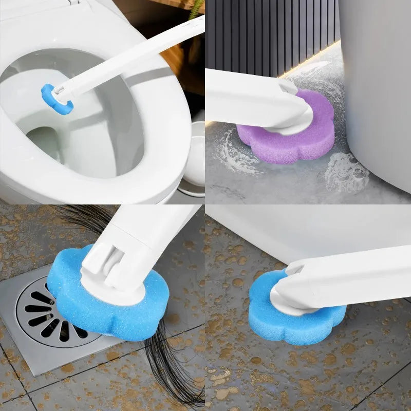 A heavy-duty disposable toilet brush kit with a long white handle and blue cleaning bristles is shown in various angles.