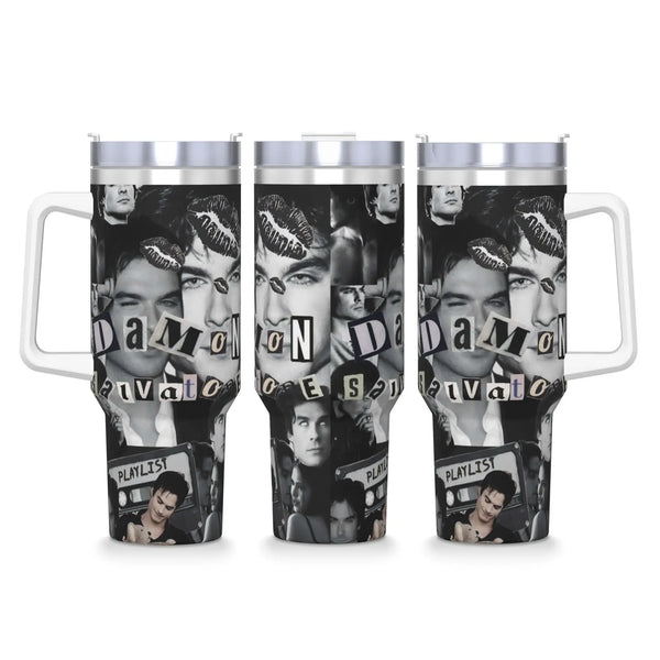 Three stainless steel tumblers featuring different faces and text designs.