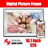 A digital picture frame displaying a family portrait, with the Frameo app and product details visible.