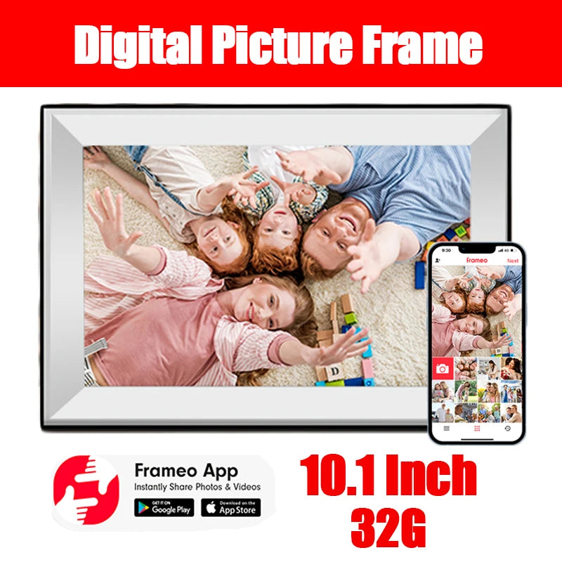 A digital picture frame displaying a family portrait, with the Frameo app and product details visible.