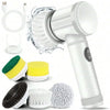 A white electric spin scrubber with multiple replaceable brush heads and a charging cable.
