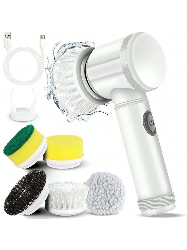 A white electric spin scrubber with multiple replaceable brush heads and a charging cable.