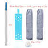 A set of mop and cloth with a mop clip shown next to a long telescopic duster.